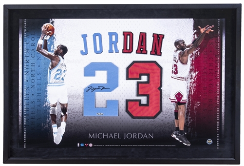 Michael Jordan Signed University Of North Carolina/Chicago Bulls Dual Jersey Number Framed Display (UDA)